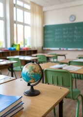 Desk, books, globe showing Americas. Empty classroom, green chairs, sunlight, chalkboard.