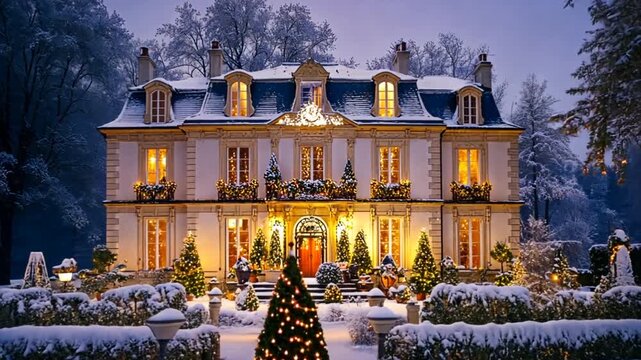 French style house decorated and illuminated for Christmas and New Year. City mansion in winter park covered with snow