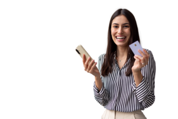 Excited businesswoman holding credit card and smartphone, making secure online payment, enjoying convenient and safe mobile banking experience