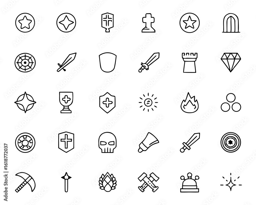 Poster Dark fantasy user interface icon collection featuring symbols for various actions and game elements in a mystical aesthetic