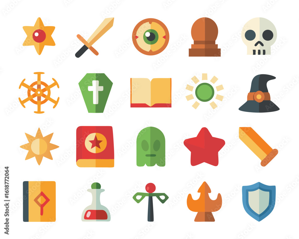 Poster dark fantasy user interface icon set featuring symbolic actions and game elements in a mystical aest
