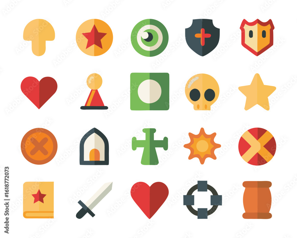 Poster collection of dark fantasy user interface symbols and action icons for game development and digital 