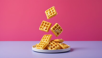 Square waffles falling onto a white plate