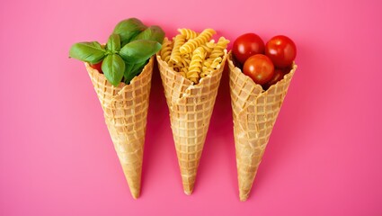 Waffle cones filled with basil, pasta, and tomatoes