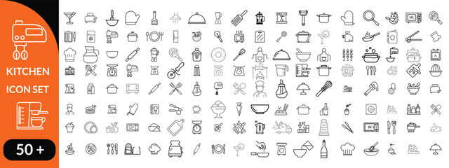 Kitchen Utensil icon set. Editable Stroke Icon Collection. Includes chopping board, cooking pots, frying pan, grater, kitchen scale, and More. Outline icons vector collection
