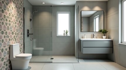 Modern minimalist bathroom with walk in shower vanity and patterned accent wall