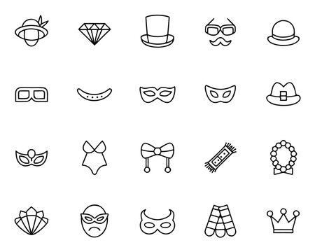 Collection of festive masquerade party silhouettes and playful dress up elements for celebratory events and creative design projects
