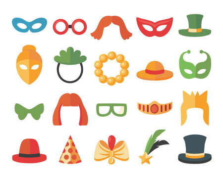 Collection of festive masquerade and dress up themed graphic elements featuring silhouettes and fun party accents