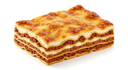 Fototapeta premium Delicious layered beef lasagna with golden brown melted cheese topping isolated on white background perfect for culinary food blogs and recipe websites