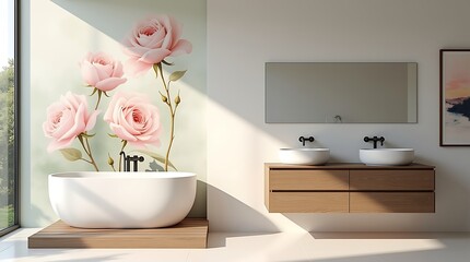 Modern luxurious bathroom with freestanding bathtub and double vanity bathed in soft natural light