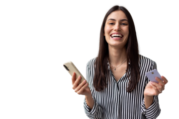Businesswoman making online payment, holding smartphone and credit card against transparent background