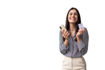 Smiling businesswoman holding smartphone and credit card, enjoying online shopping experience on transparent background