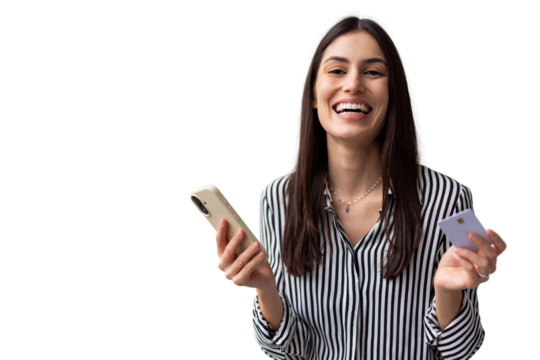 Businesswoman making online payment, holding smartphone and credit card against transparent background