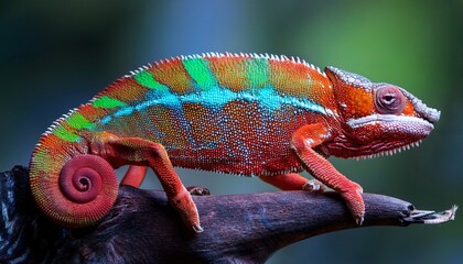 Obraz premium a whimsically painted chameleon with a swirl tail a vibrant explosion of color on a journey of metamorphosis with