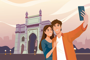 Obraz premium Para turystów robiąca selfie na tle Bramy Indii w Bombaju. Ilustracja symbolizująca romantyczną podróż i wspomnienia z wakacji.