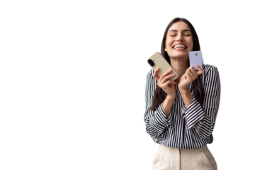 Excited businesswoman holding smartphone and credit card, enjoying online shopping and secure payment, isolated on transparent background