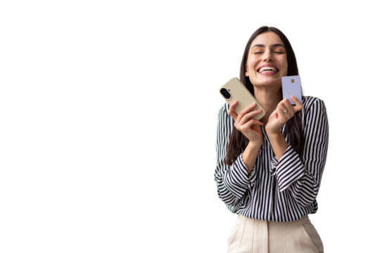 Excited businesswoman holding smartphone and credit card, enjoying online shopping and secure payment, isolated on transparent background - Powered by Adobe