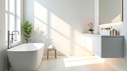 Modern minimalist bathroom with a freestanding bathtub bathed in warm natural sunlight from a large window
