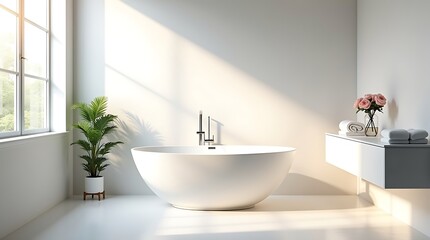 Modern freestanding bathtub bathed in warm sunlight streaming through a large window creating a serene atmosphere