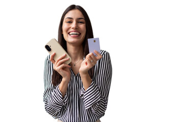 Excited businesswoman showing smartphone and credit card, happy with online shopping and secure...