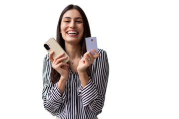 Excited businesswoman showing smartphone and credit card, happy with online shopping and secure payment, transparent background