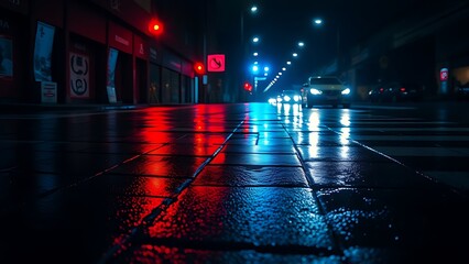 Dramatic blue and red light reflections on wet pavement in an atmospheric urban night scene.