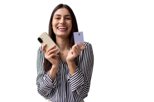 Excited businesswoman showing smartphone and credit card, happy with online shopping and secure payment, transparent background