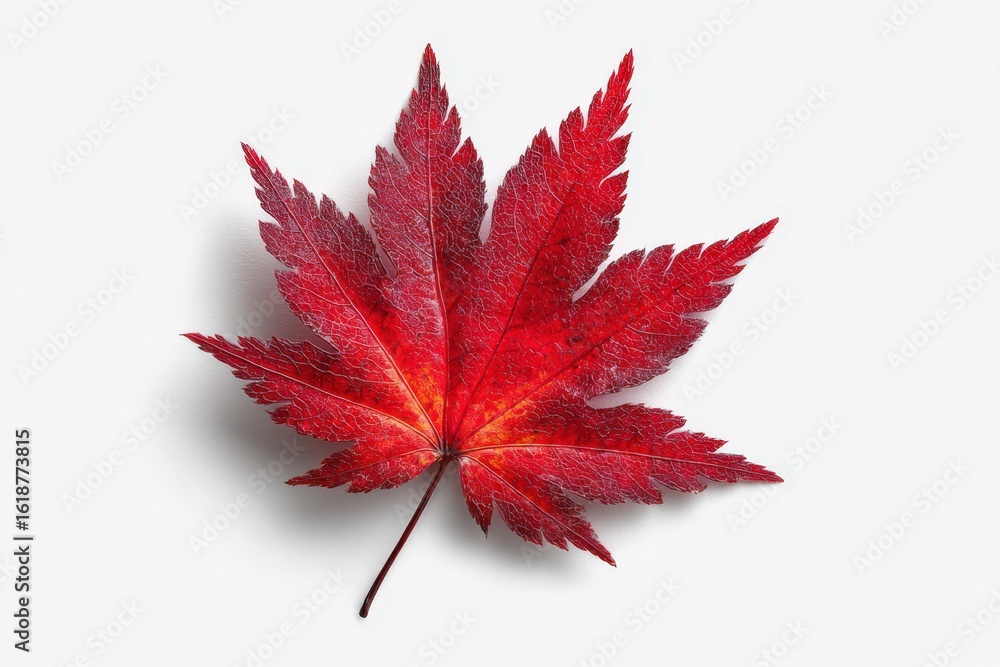 Poster bright red maple leaf on white background with soft shadows