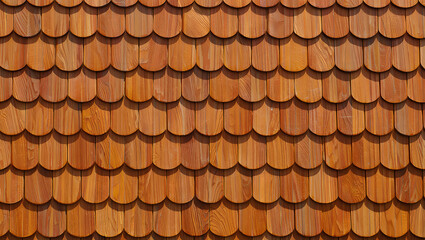 Detail of a traditional wooden shingle roof with warm color tones providing rustic charm and weather protection
