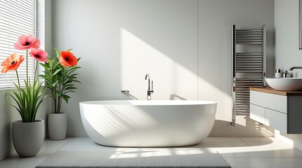 Fototapeta premium Sunlit modern bathroom with freestanding bathtub and vibrant flowers by the window