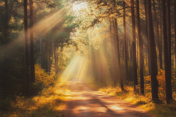 Naklejka premium Bright rays of sunlight on the pine fall forest road. Magical autumn forest in the morning sunlight rays