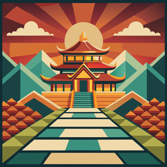 Fototapeta premium Asian temple complex at sunrise in a stylized landscape. Architectural structure with pathway leading to it. mountain backdrop and vibrant colors.