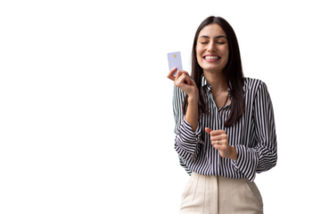 Cheerful businesswoman showing credit card, enjoying easy payment and purchase with transparent background