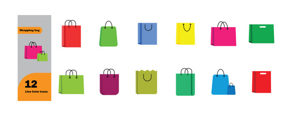 Set of 12 Colorful Shopping Bag Icons – Flat Minimal Style Shopping Bag Vector Collection for E-commerce, Retail, and Online Store Design
