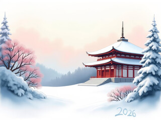 Temple japonais enneig&eacute; au lever du soleil, entre s&eacute;r&eacute;nit&eacute;, nature paisible et harmonie spirituelle