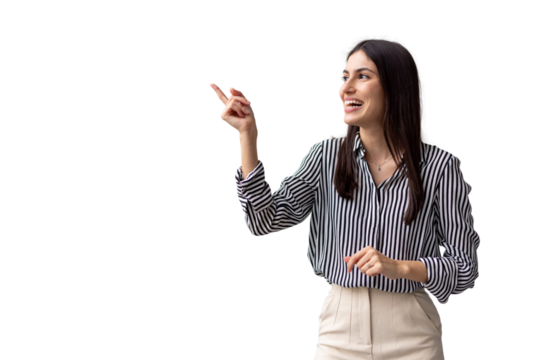 Cheerful businesswoman pointing finger to the side and showing something while smiling on a transparent background