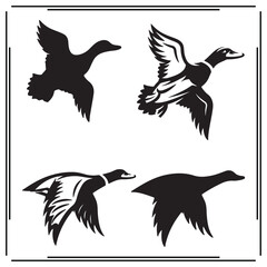  Black Silhouettes of Flying Ducks and Geese in Different Flight Positions – Bird Migration, Nature, Animal Icon, Abstract Wildlife Illustration