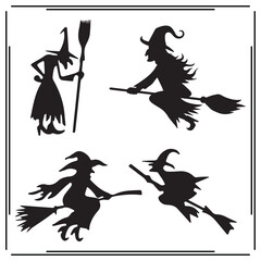 Witch Silhouettes Set - Flying and Standing Witches with Brooms, Magical Halloween Icons, Fantasy Witchcraft Graphics for Spooky, Creative and Commercial Use