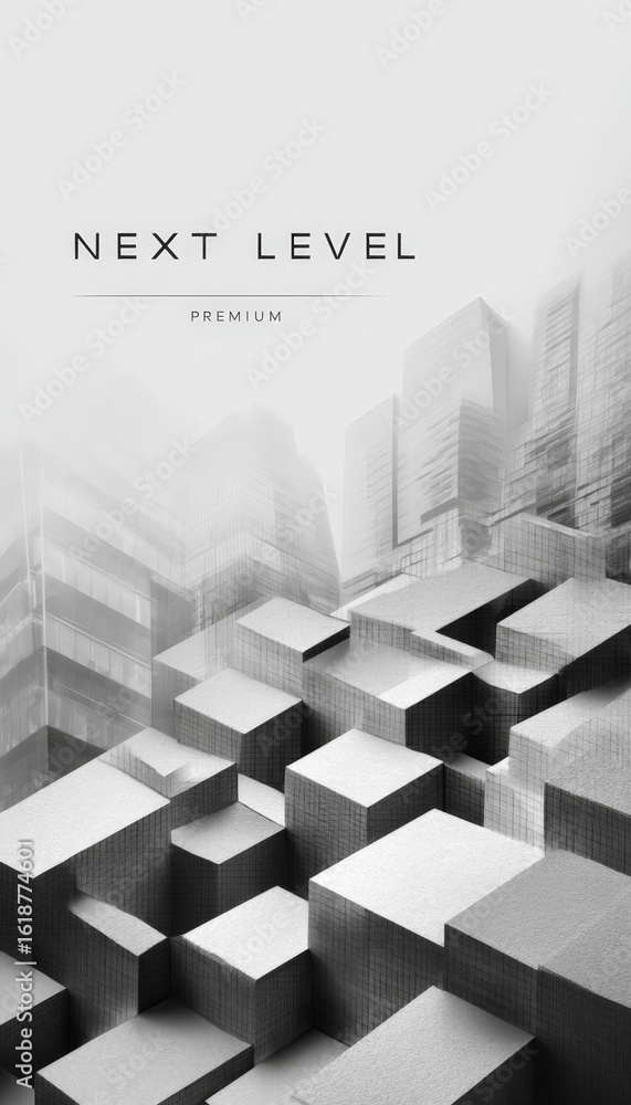 Aufkleber grayscale promotional layout with geometric blocks and text