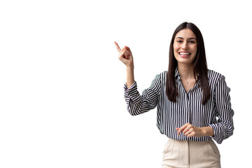 Professional woman gesturing upward, highlighting marketing concept against clear backdrop