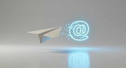 Conceptual digital communication, paper airplane and email symbol, representing modern technology