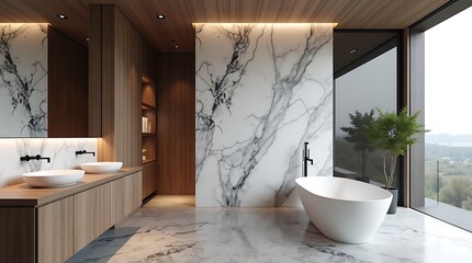 Luxurious modern bathroom with freestanding tub and marble accent wall with large window view
