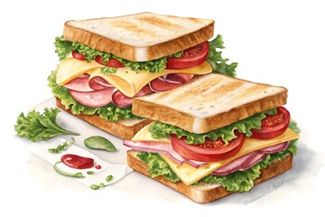 Watercolor Sandwich Illustration Realistic Stacked Sandwiches with Lettuce, Tomato, Cheese, and Meat on White Background