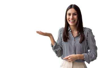 Happy businesswoman gesturing with open hand showing something on transparent background, isolated cutout image