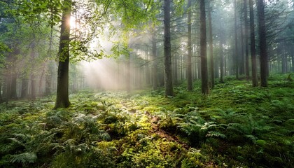 Fototapeta premium lush forest landscape with misty atmosphere and sunlight filtering through trees