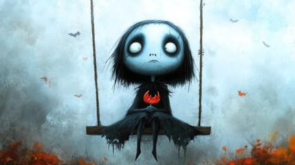 Little cartoon vampire girl in a fairytale forest with a funny costume on a swing holding a bat-shaped lollipop.