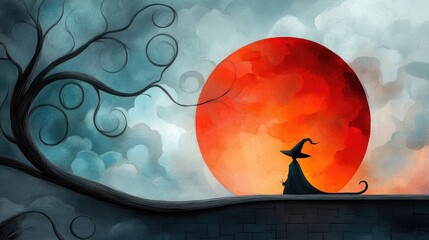 Witch's silhouette against the moon, with swirling clouds and a cat peeking from a rooftop. Greeting card for Halloween with blank space for your words.