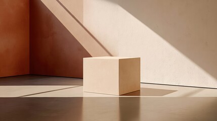 minimalist architectural scene with a rectangular beige pedestal block on a polished concrete floor