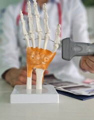 Doctor examines anatomical hand model using a scanning device
