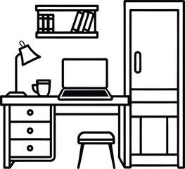 dorm with tidy desk laptop and cup of tea